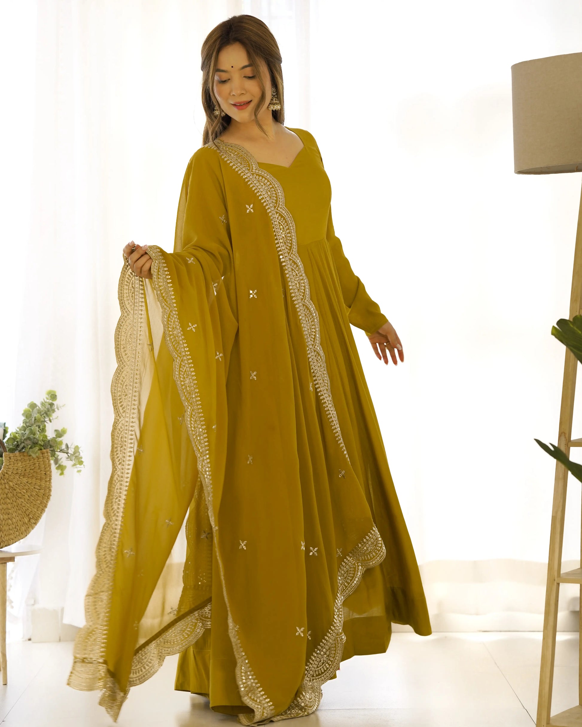 Premium Roman Silk Chanderi Anarkali Set with Embroidered Dupatta