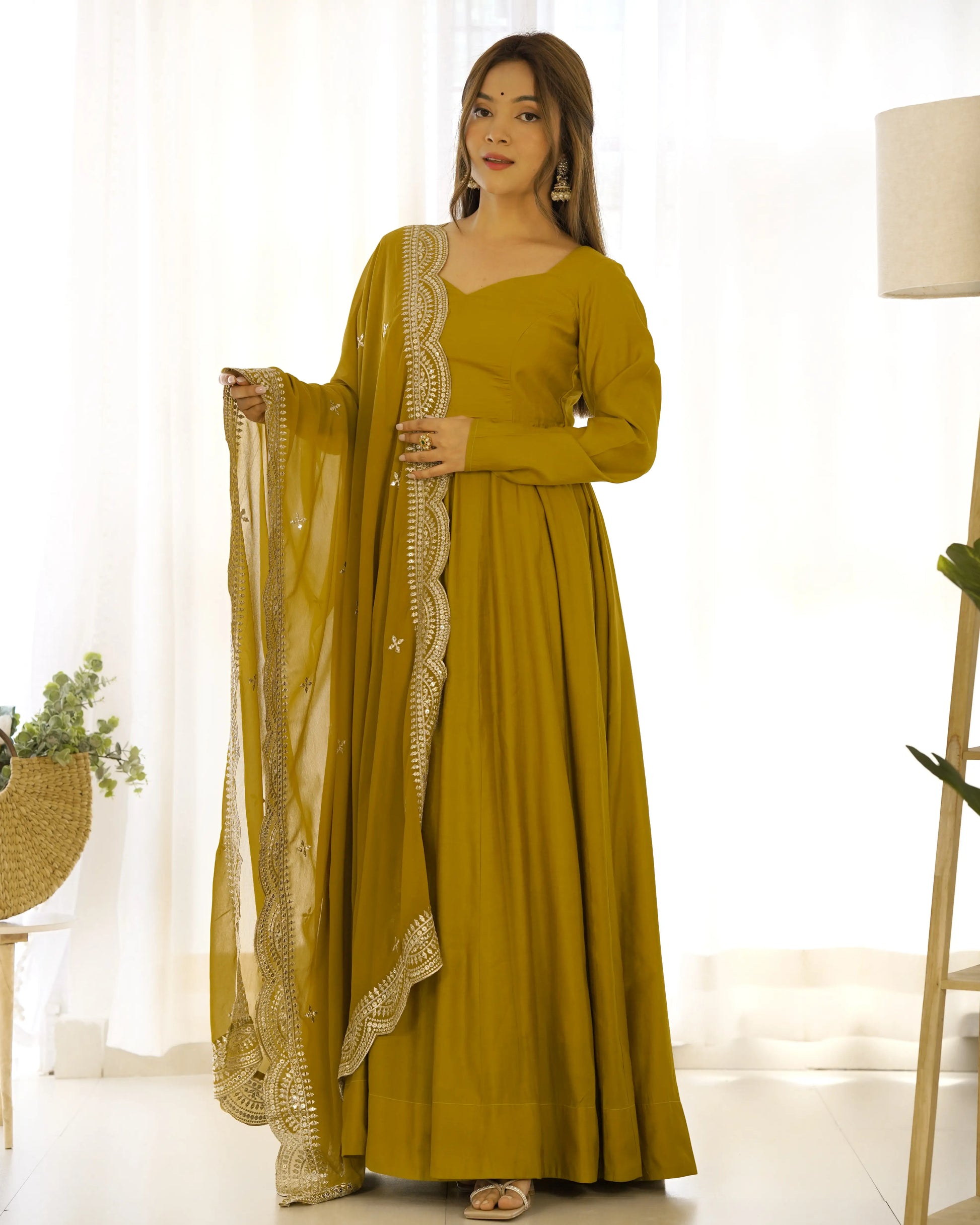 Premium Roman Silk Chanderi Anarkali Set with Embroidered Dupatta