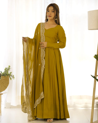 Premium Roman Silk Chanderi Anarkali Set with Embroidered Dupatta