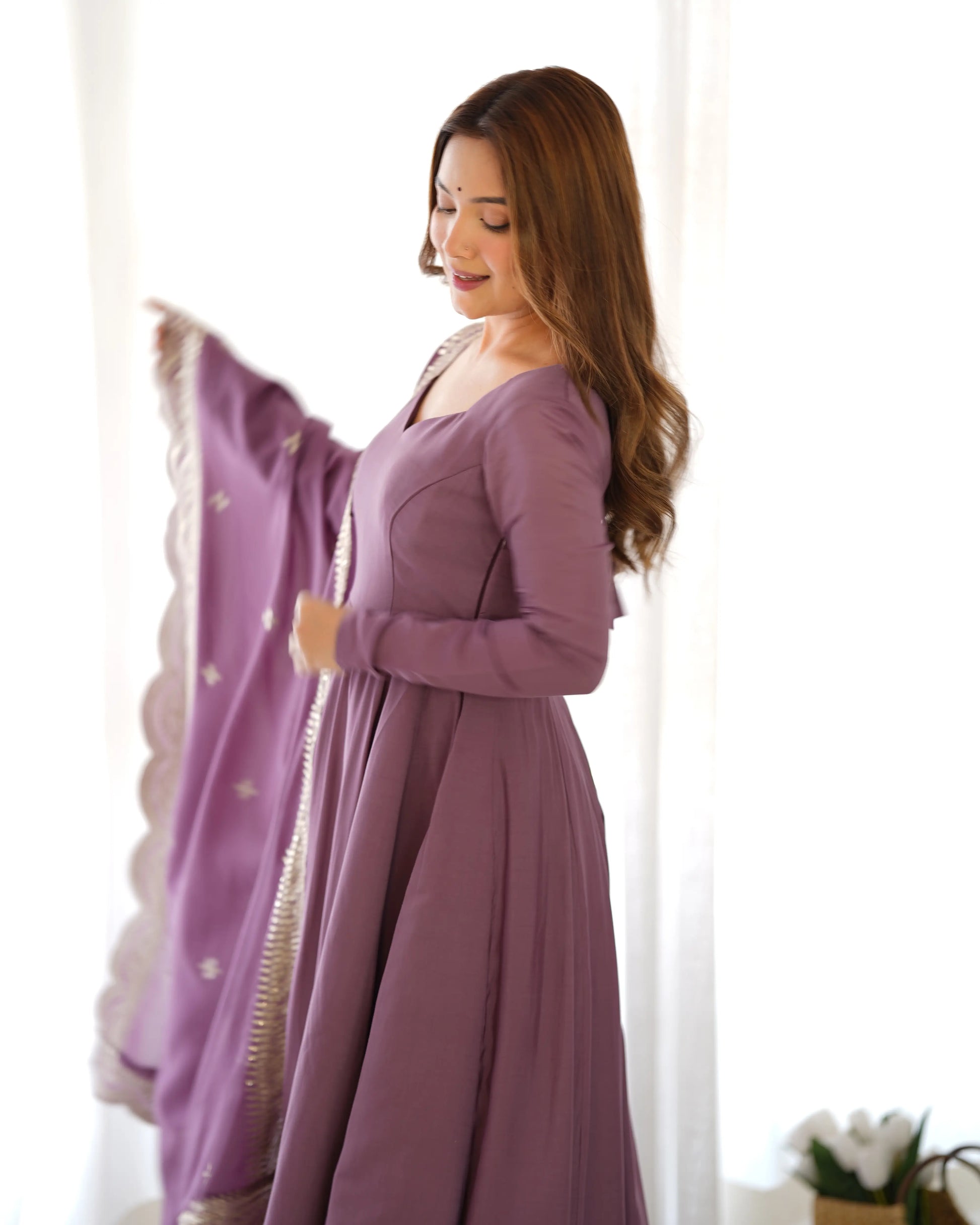 Premium Roman Silk Chanderi Anarkali Set with Embroidered Dupatta