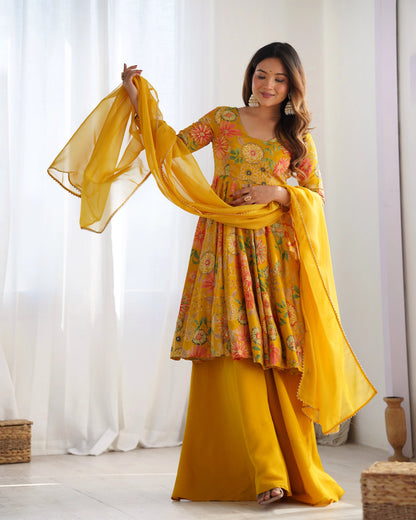 Premium Roman Silk Chanderi Printed Kediya Kurta Set with Dupatta