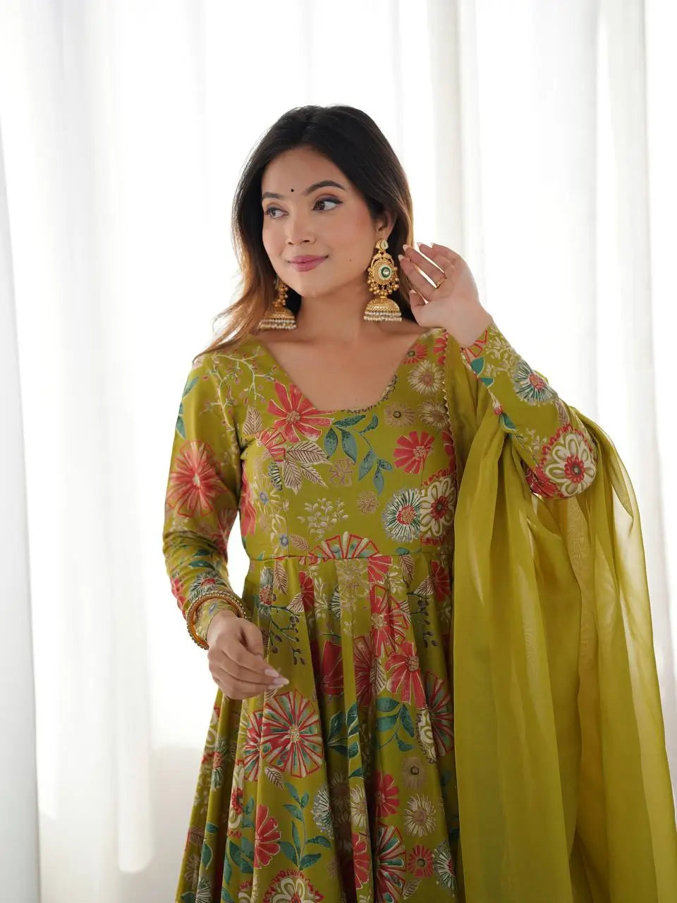 Premium Roman Silk Chanderi Printed Kediya Kurta Set with Dupatta