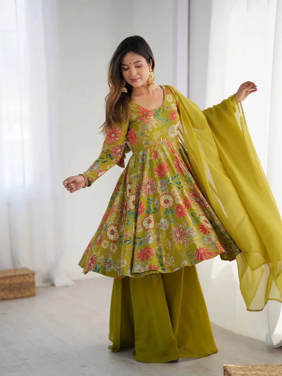 Premium Roman Silk Chanderi Printed Kediya Kurta Set with Dupatta