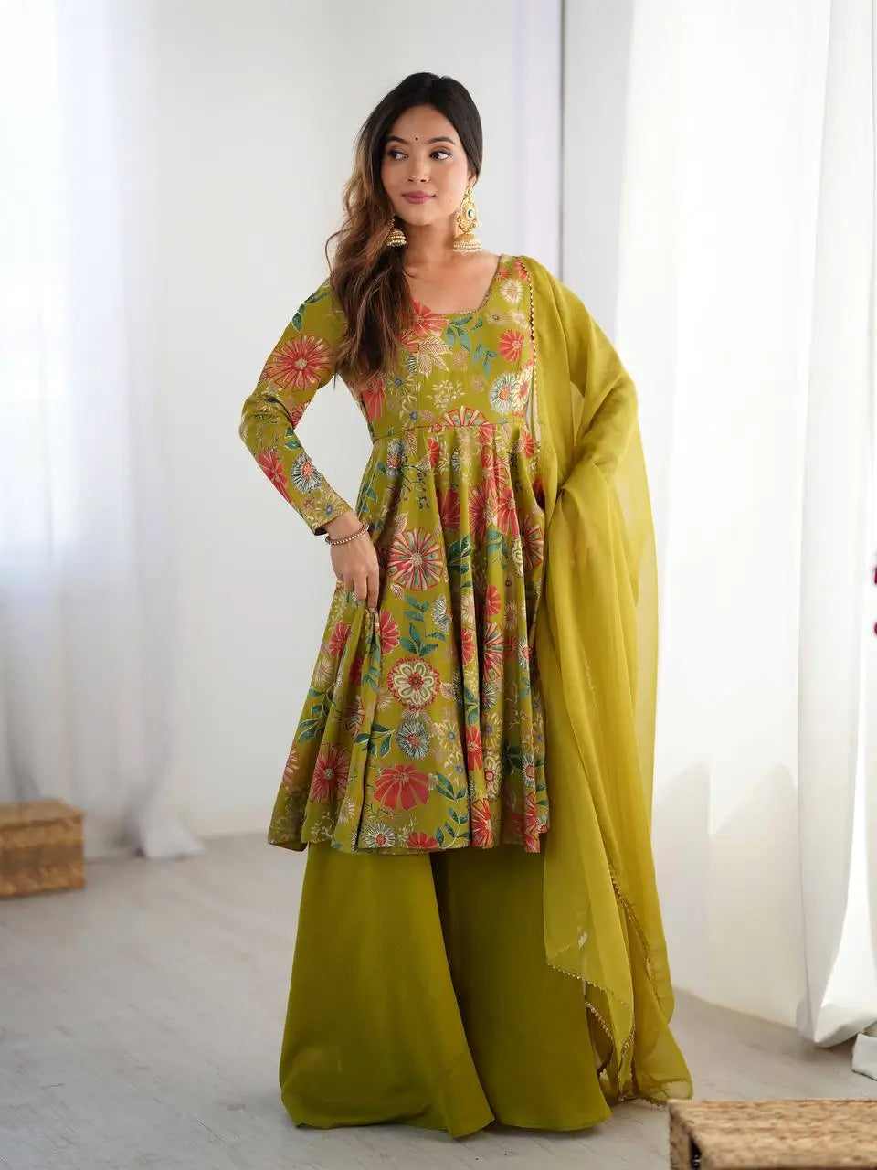 Premium Roman Silk Chanderi Printed Kediya Kurta Set with Dupatta