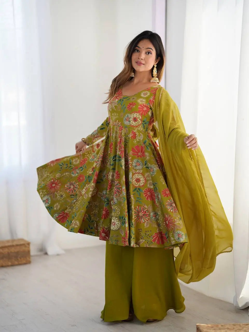 Premium Roman Silk Chanderi Printed Kediya Kurta Set with Dupatta