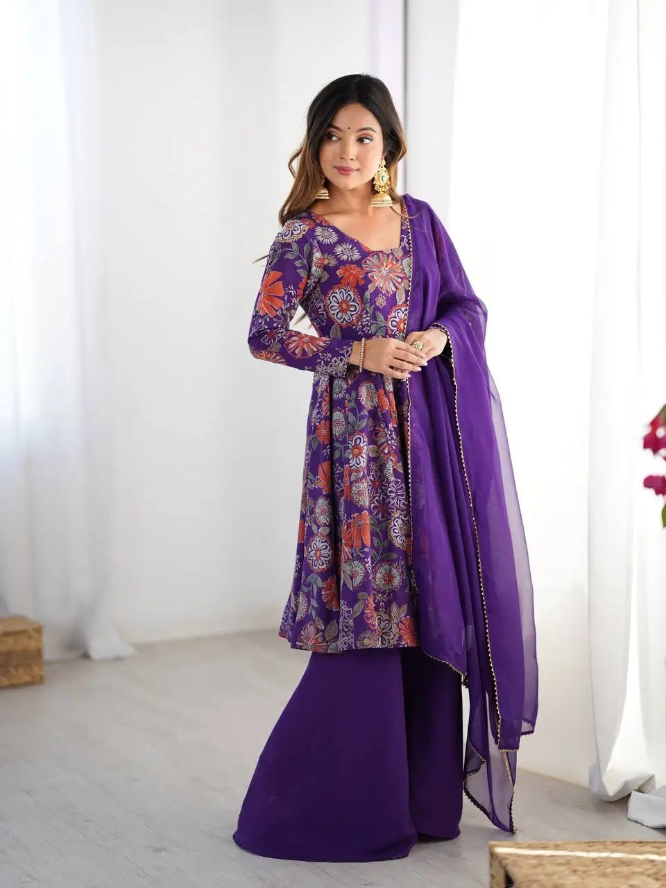 Premium Roman Silk Chanderi Printed Kediya Kurta Set with Dupatta