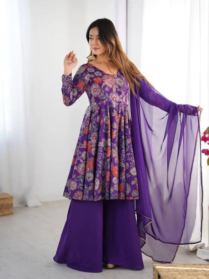 Premium Roman Silk Chanderi Printed Kediya Kurta Set with Dupatta