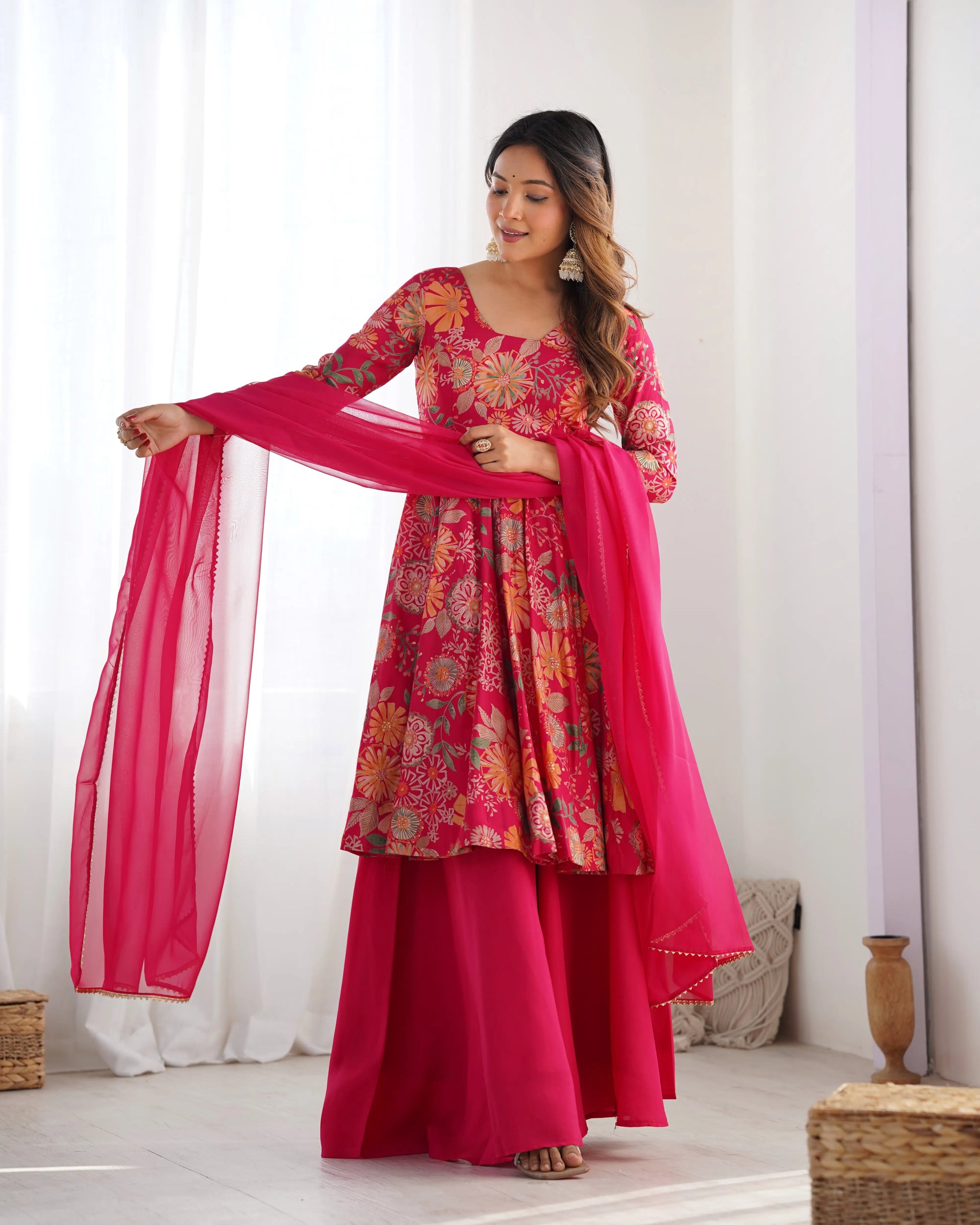 Premium Roman Silk Chanderi Printed Kediya Kurta Set with Dupatta
