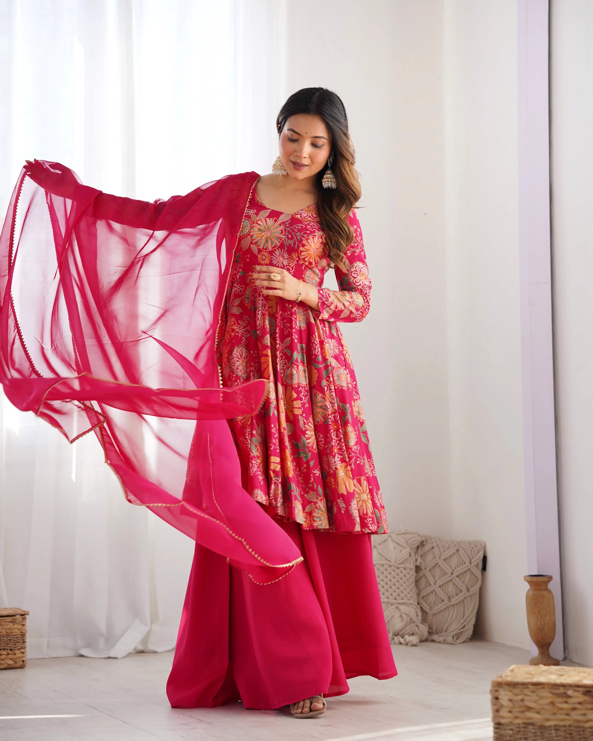Premium Roman Silk Chanderi Printed Kediya Kurta Set with Dupatta
