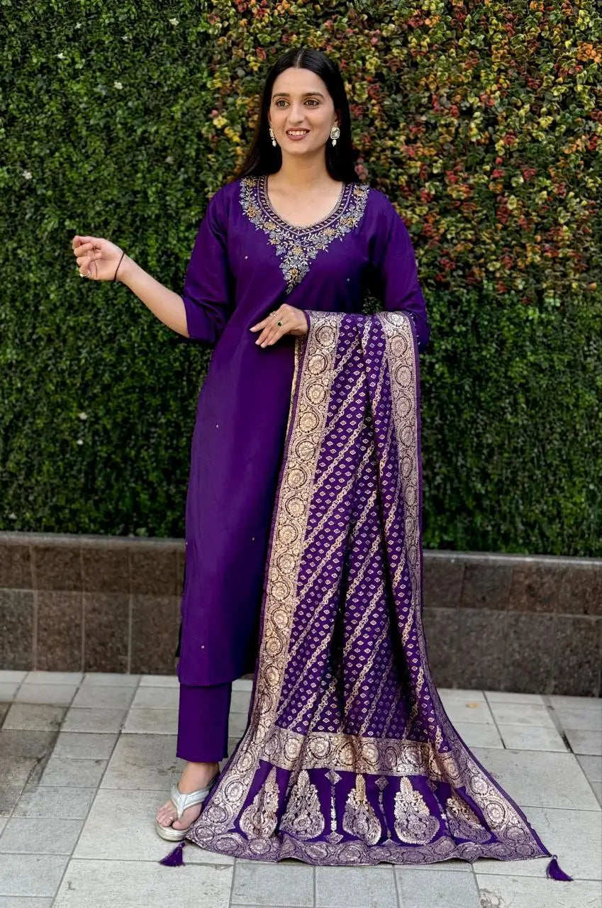 Premium Roman Silk Kurta Set with Jacquard Dupatta