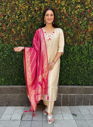 Premium Roman Silk Kurta Set with Jacquard Dupatta