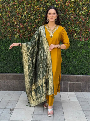 Premium Roman Silk Kurta Set with Jacquard Dupatta