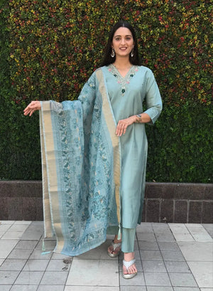 Premium Roman Silk Kurta Set with Jacquard Dupatta