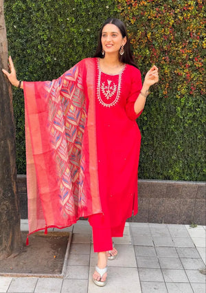 Premium Roman Silk Kurta Set with Jacquard Dupatta