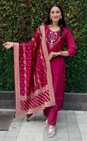 Premium Roman Silk Kurta Set with Jacquard Dupatta