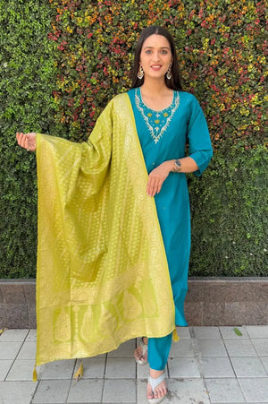 Premium Roman Silk Kurta Set with Jacquard Dupatta