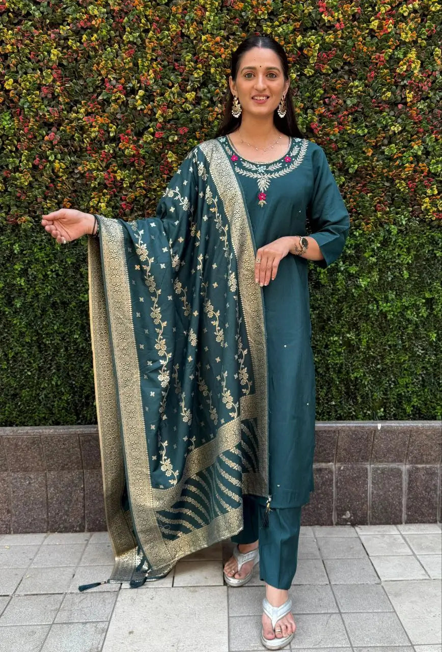 Premium Roman Silk Kurta Set with Jacquard Dupatta