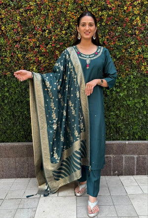 Premium Roman Silk Kurta Set with Jacquard Dupatta