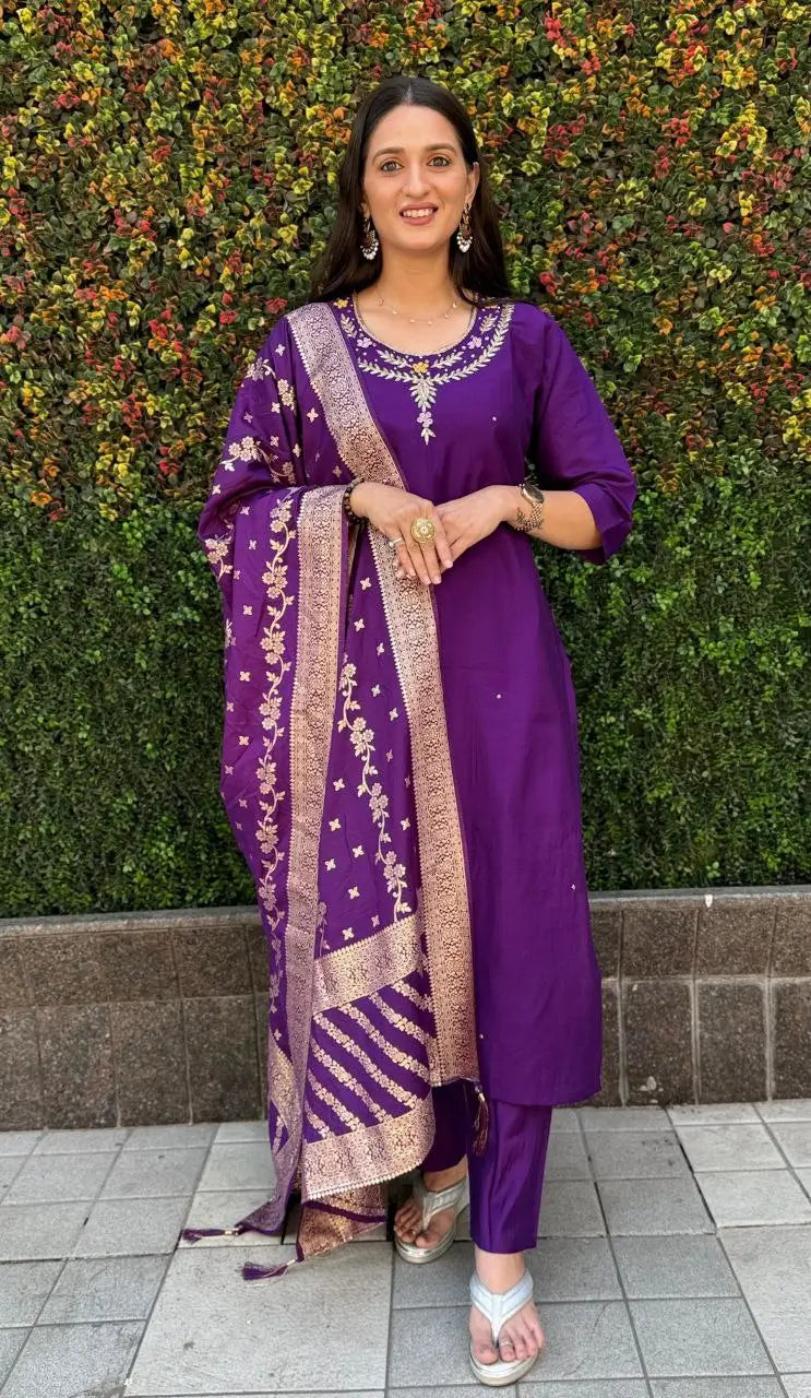 Premium Roman Silk Kurta Set with Jacquard Dupatta