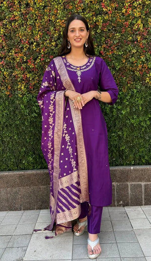 Premium Roman Silk Kurta Set with Jacquard Dupatta