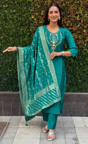 Premium Roman Silk Kurta Set with Jacquard Dupatta