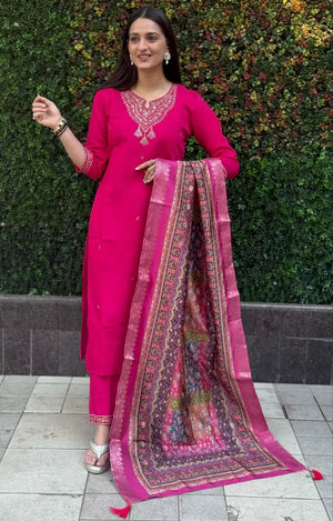 Premium Roman Silk Kurta Set with Jacquard Dupatta
