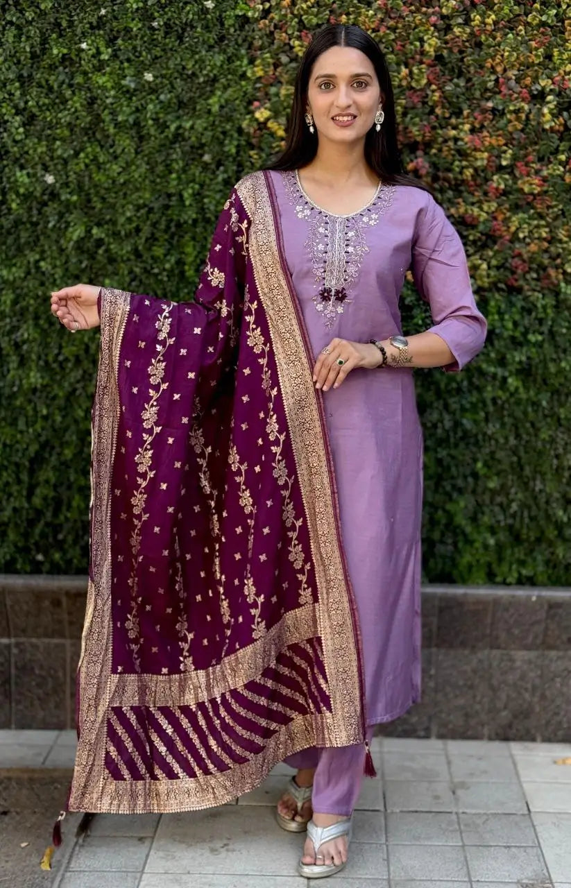 Premium Roman Silk Kurta Set with Jacquard Dupatta