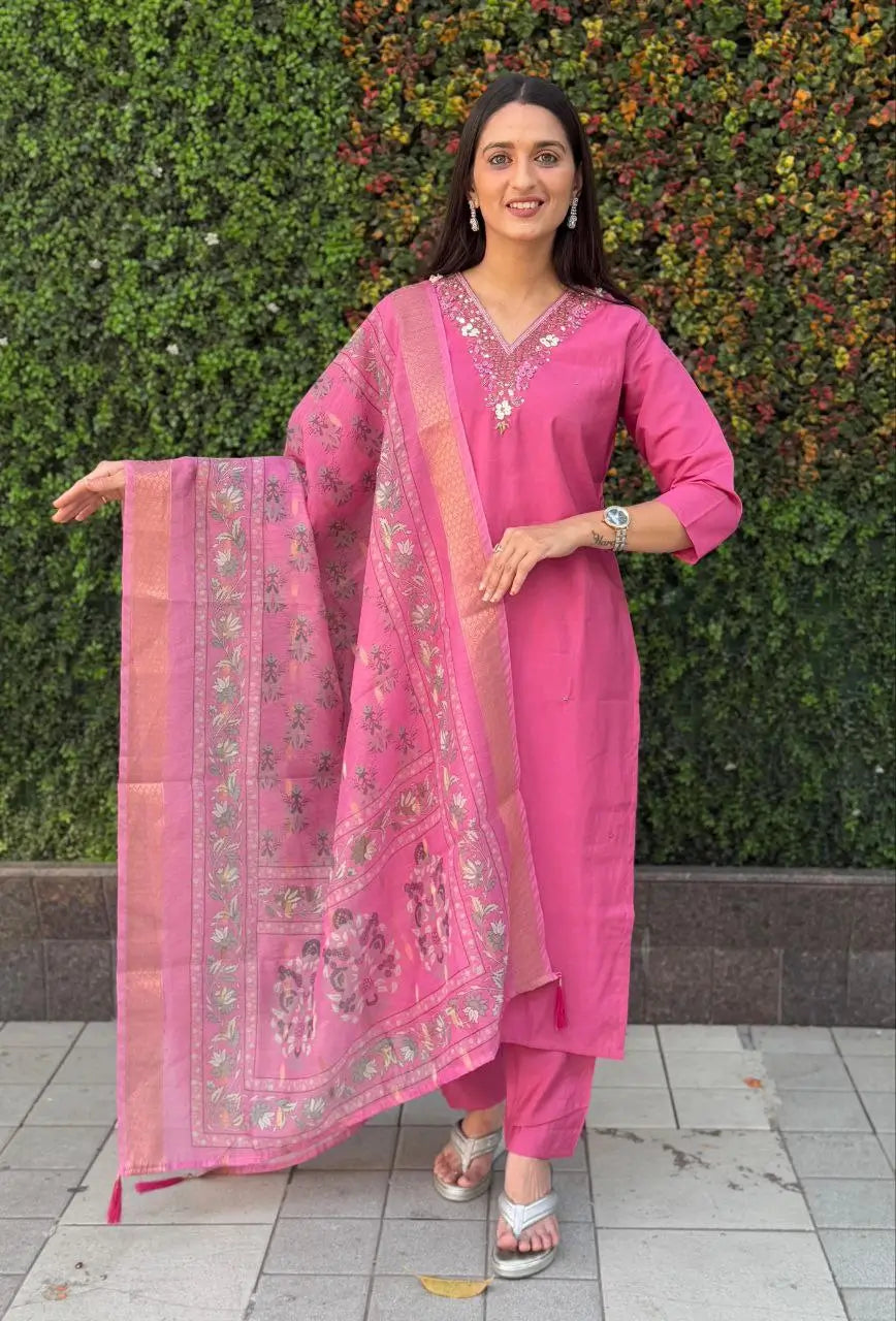 Premium Roman Silk Kurta Set with Jacquard Dupatta