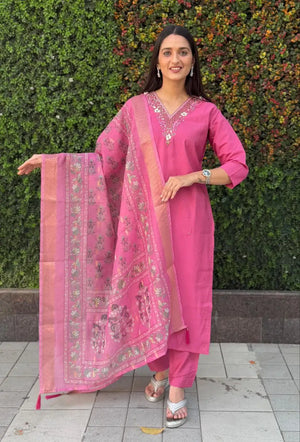 Premium Roman Silk Kurta Set with Jacquard Dupatta
