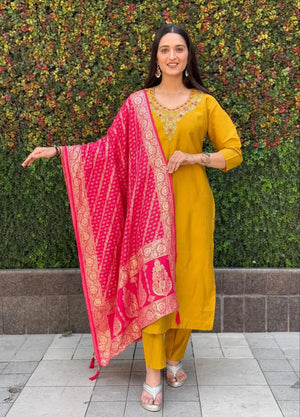 Premium Roman Silk Kurta Set with Jacquard Dupatta