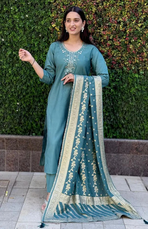 Premium Roman Silk Kurta Set with Jacquard Dupatta