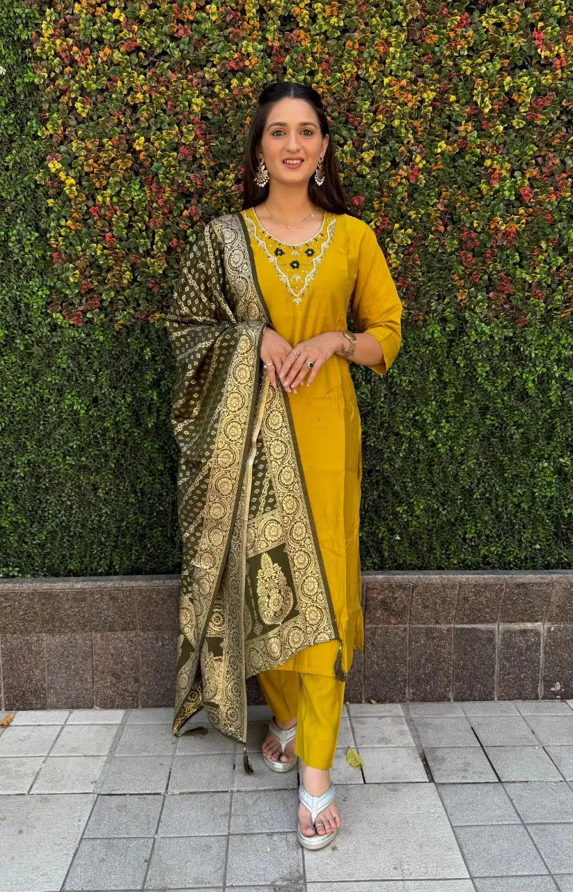 Premium Roman Silk Kurta Set with Jacquard Dupatta
