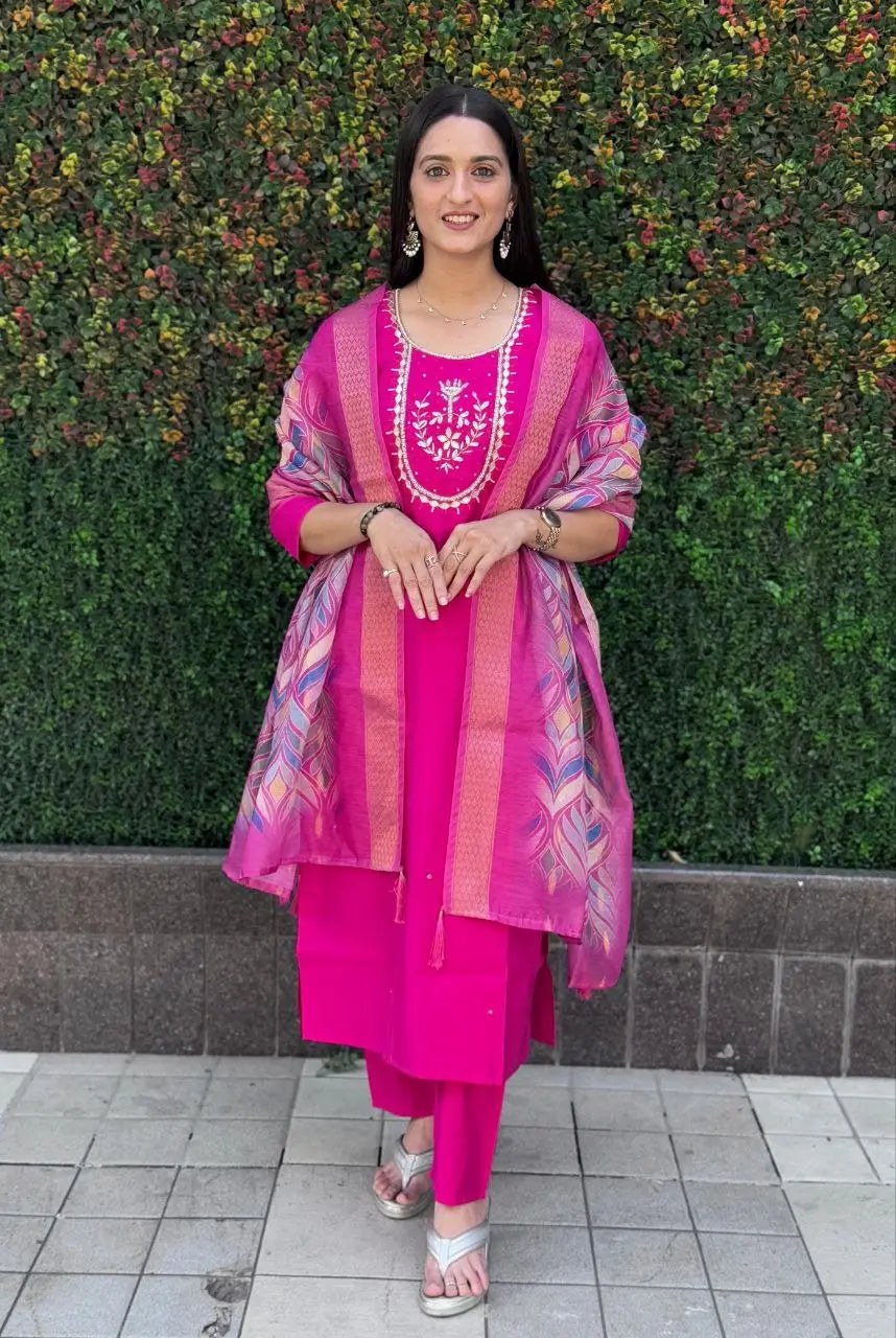 Premium Roman Silk Kurta Set with Jacquard Dupatta