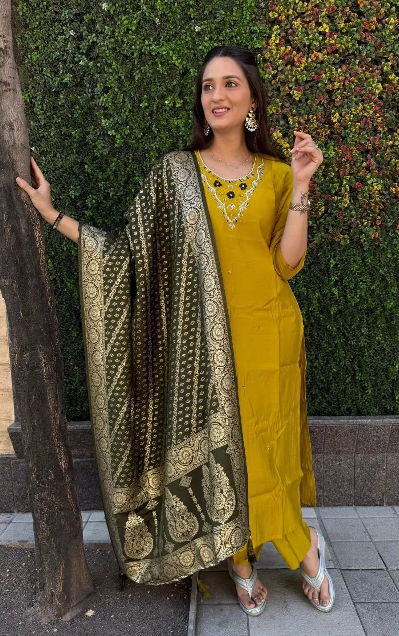 Premium Roman Silk Kurta Set with Jacquard Dupatta