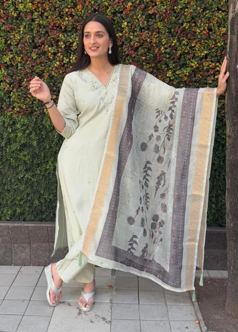Premium Roman Silk Kurta Set with Jacquard Dupatta