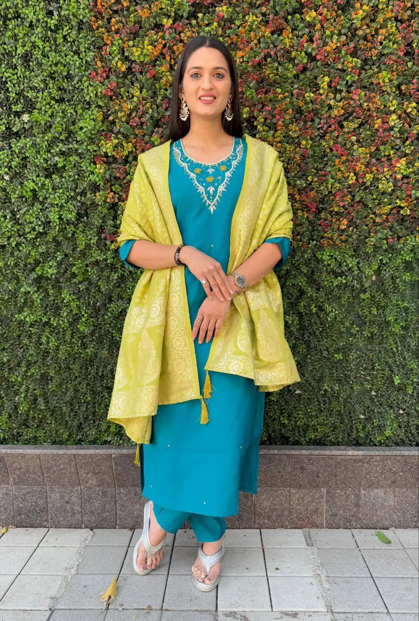 Premium Roman Silk Kurta Set with Jacquard Dupatta