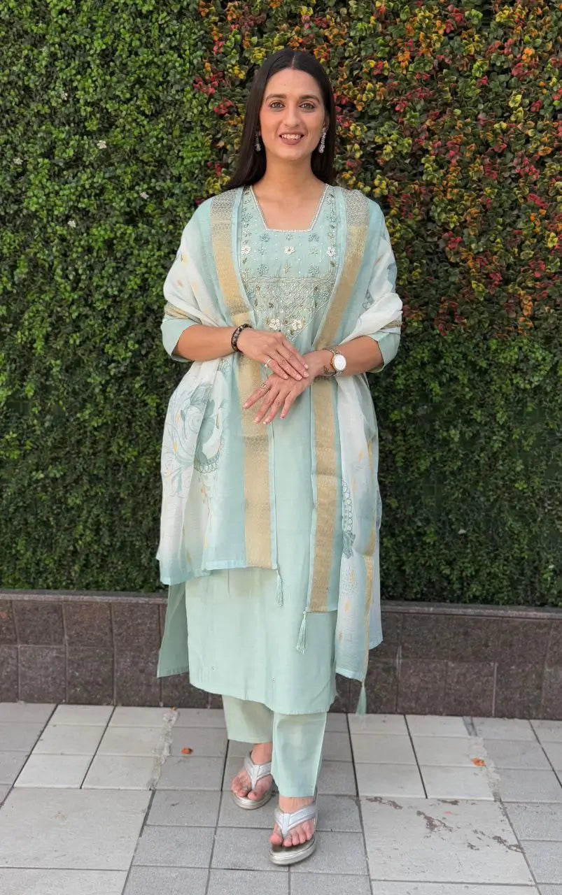 Premium Roman Silk Kurta Set with Jacquard Dupatta