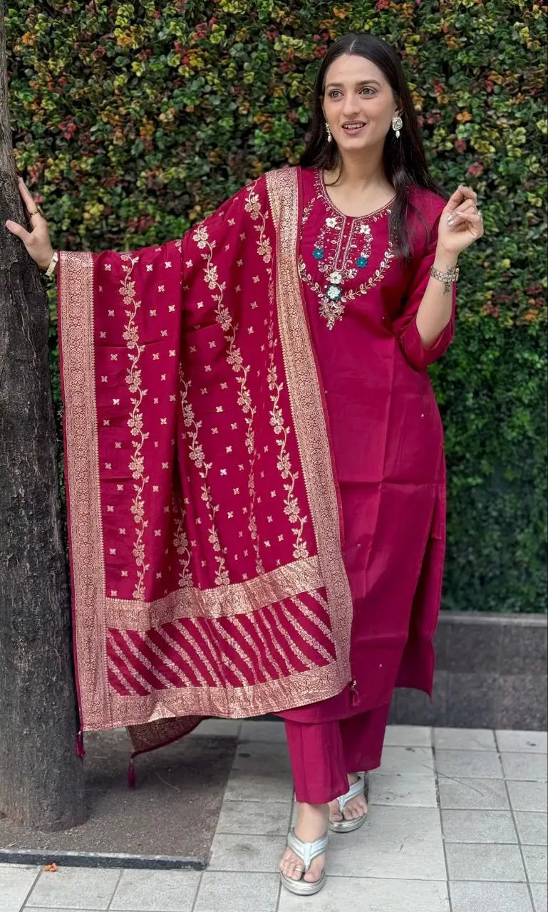 Premium Roman Silk Kurta Set with Jacquard Dupatta