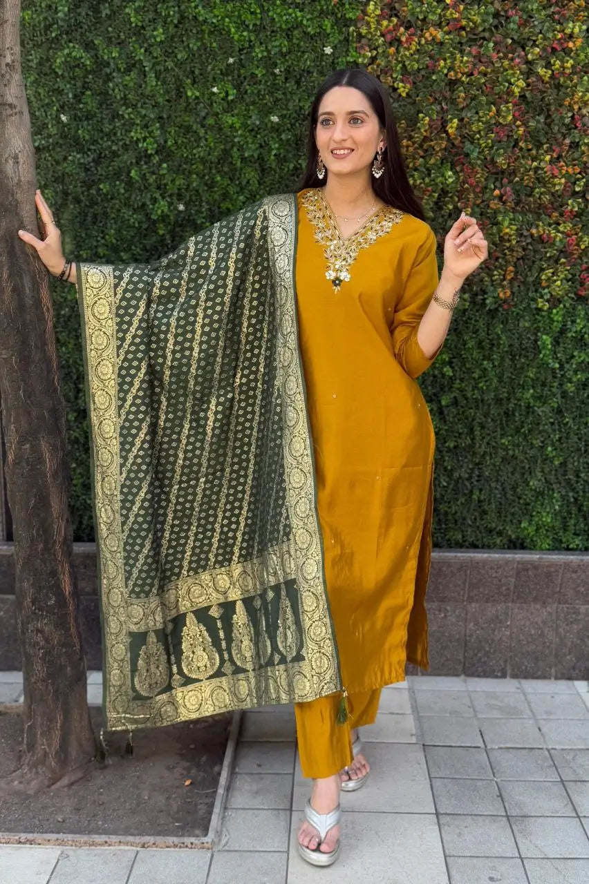 Premium Roman Silk Kurta Set with Jacquard Dupatta