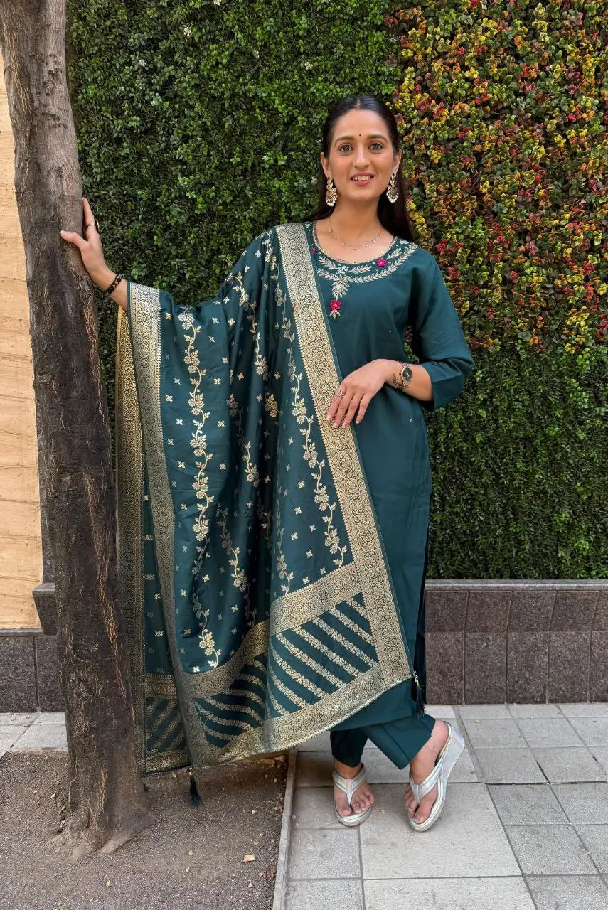 Premium Roman Silk Kurta Set with Jacquard Dupatta