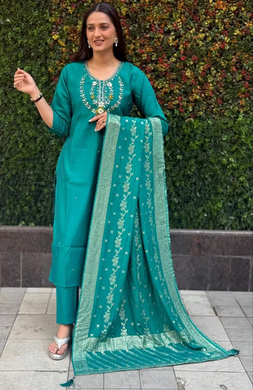 Premium Roman Silk Kurta Set with Jacquard Dupatta
