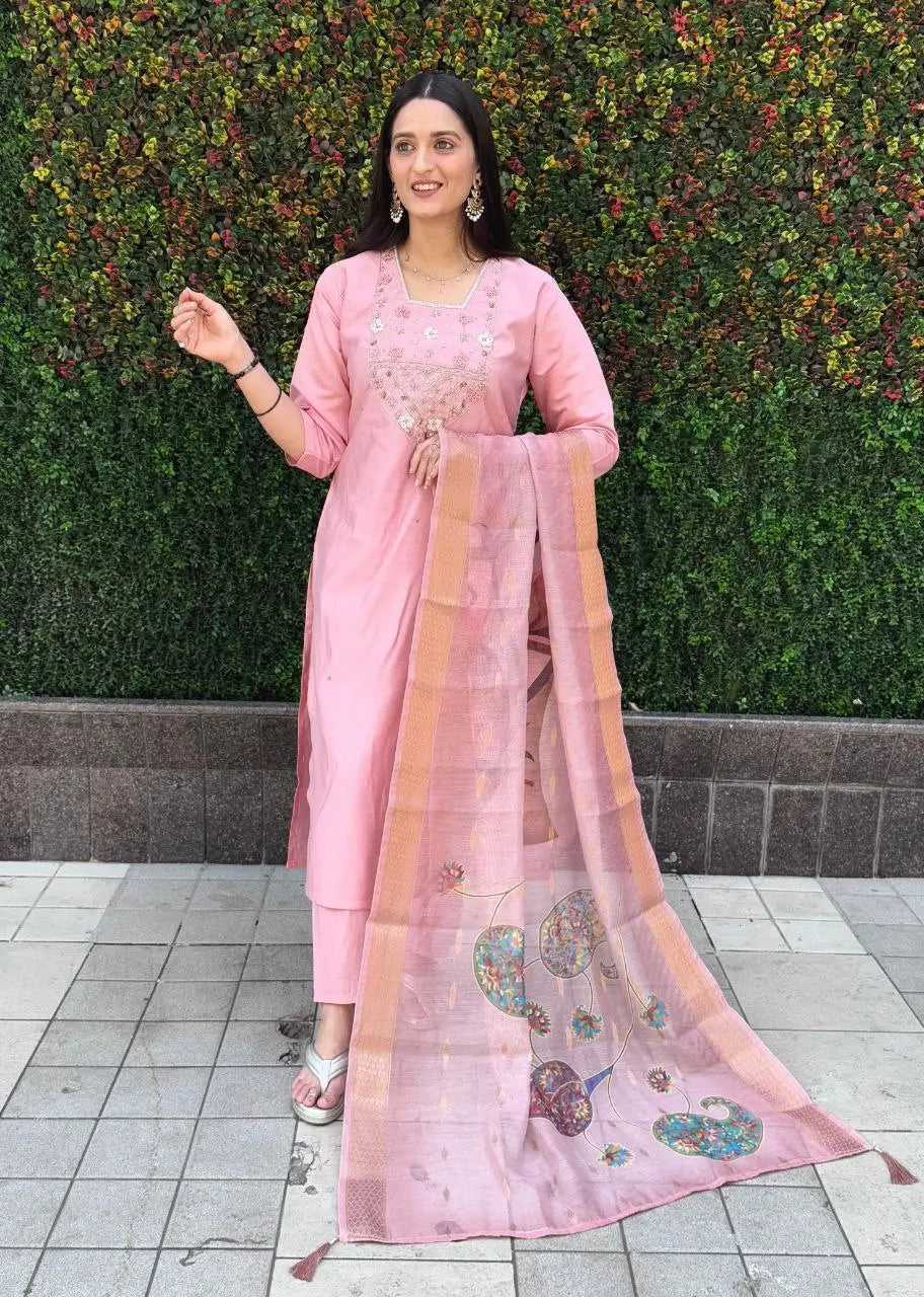 Premium Roman Silk Kurta Set with Jacquard Dupatta