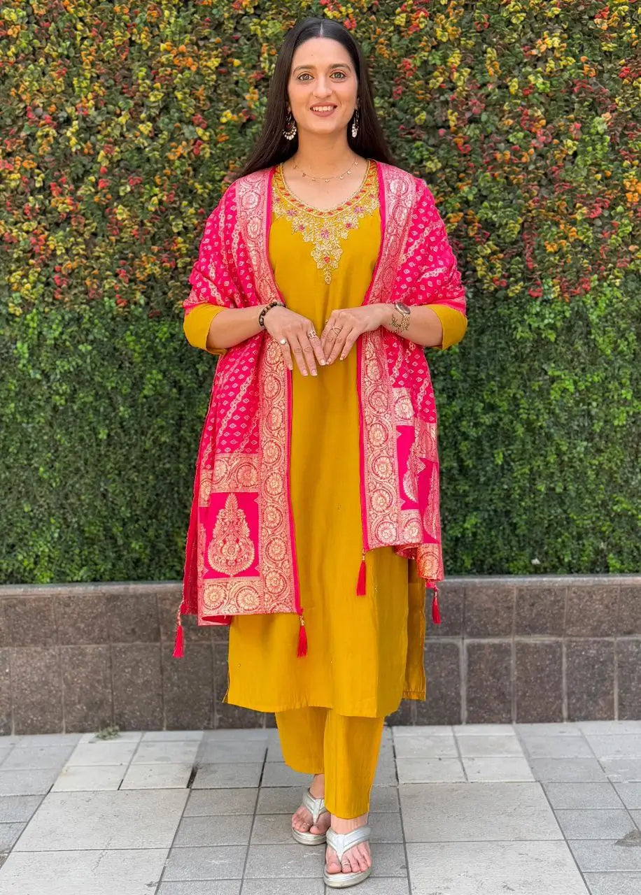 Premium Roman Silk Kurta Set with Jacquard Dupatta