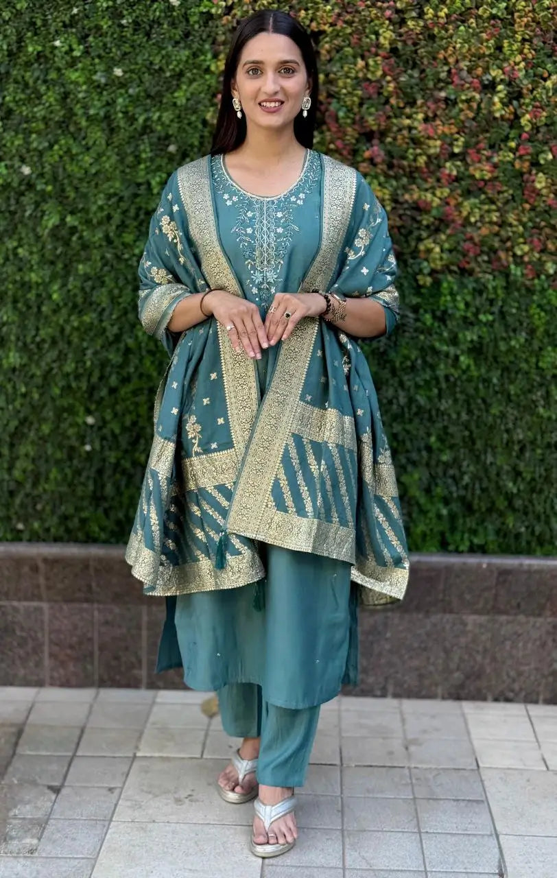 Premium Roman Silk Kurta Set with Jacquard Dupatta