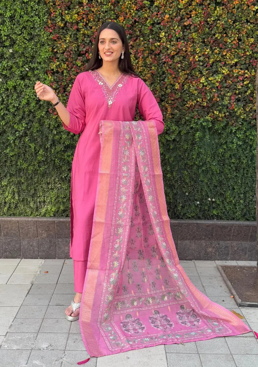 Premium Roman Silk Kurta Set with Jacquard Dupatta