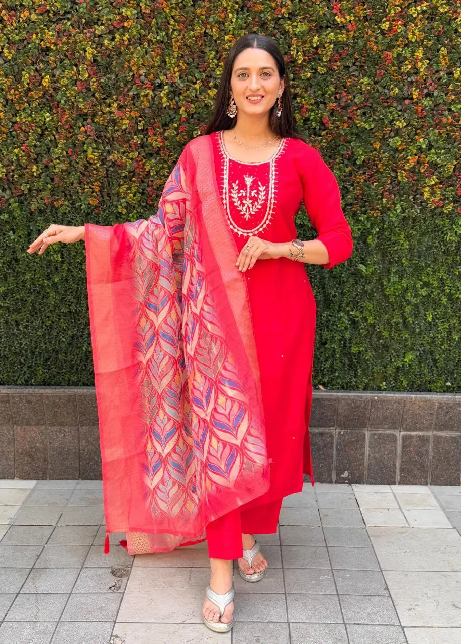 Premium Roman Silk Kurta Set with Jacquard Dupatta