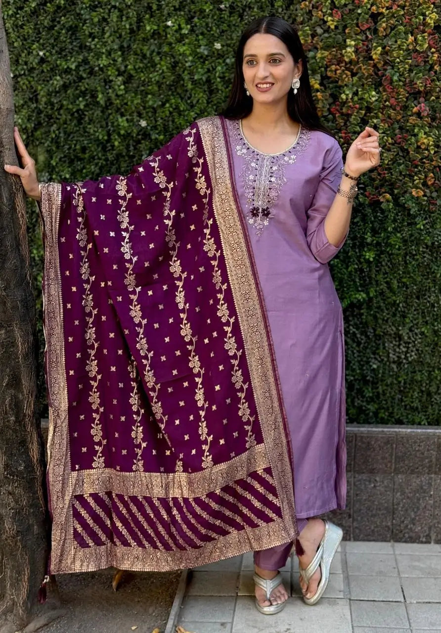 Premium Roman Silk Kurta Set with Jacquard Dupatta
