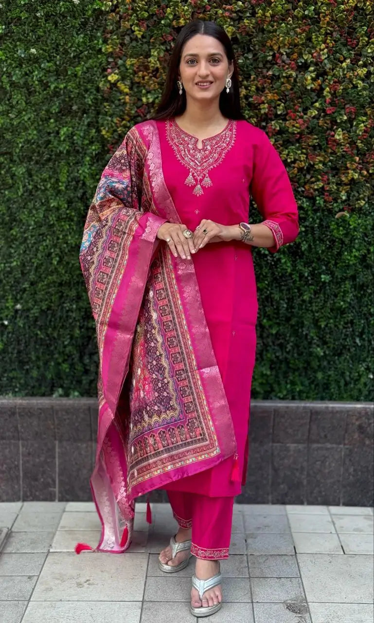 Premium Roman Silk Kurta Set with Jacquard Dupatta
