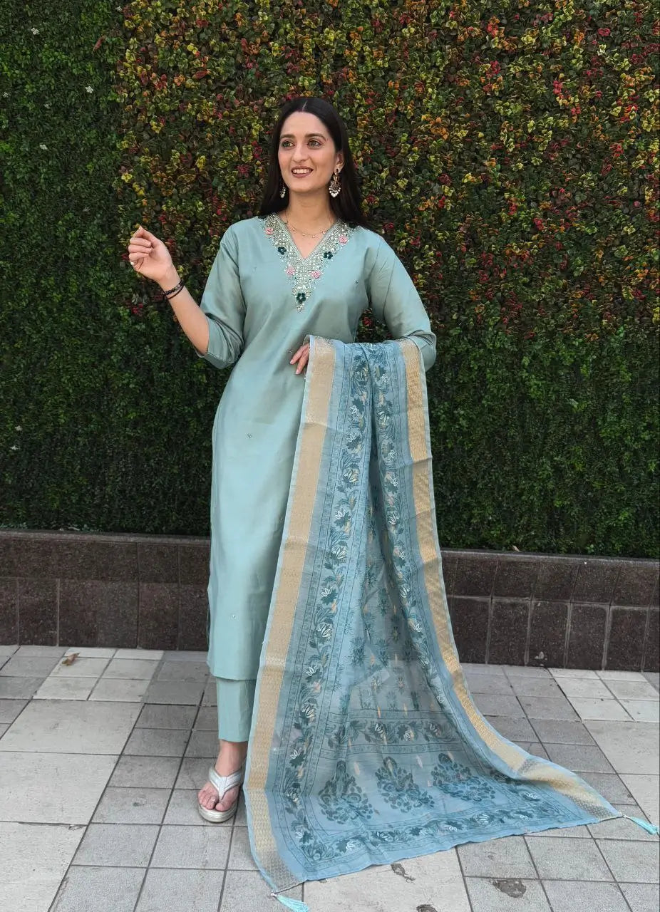 Premium Roman Silk Kurta Set with Jacquard Dupatta