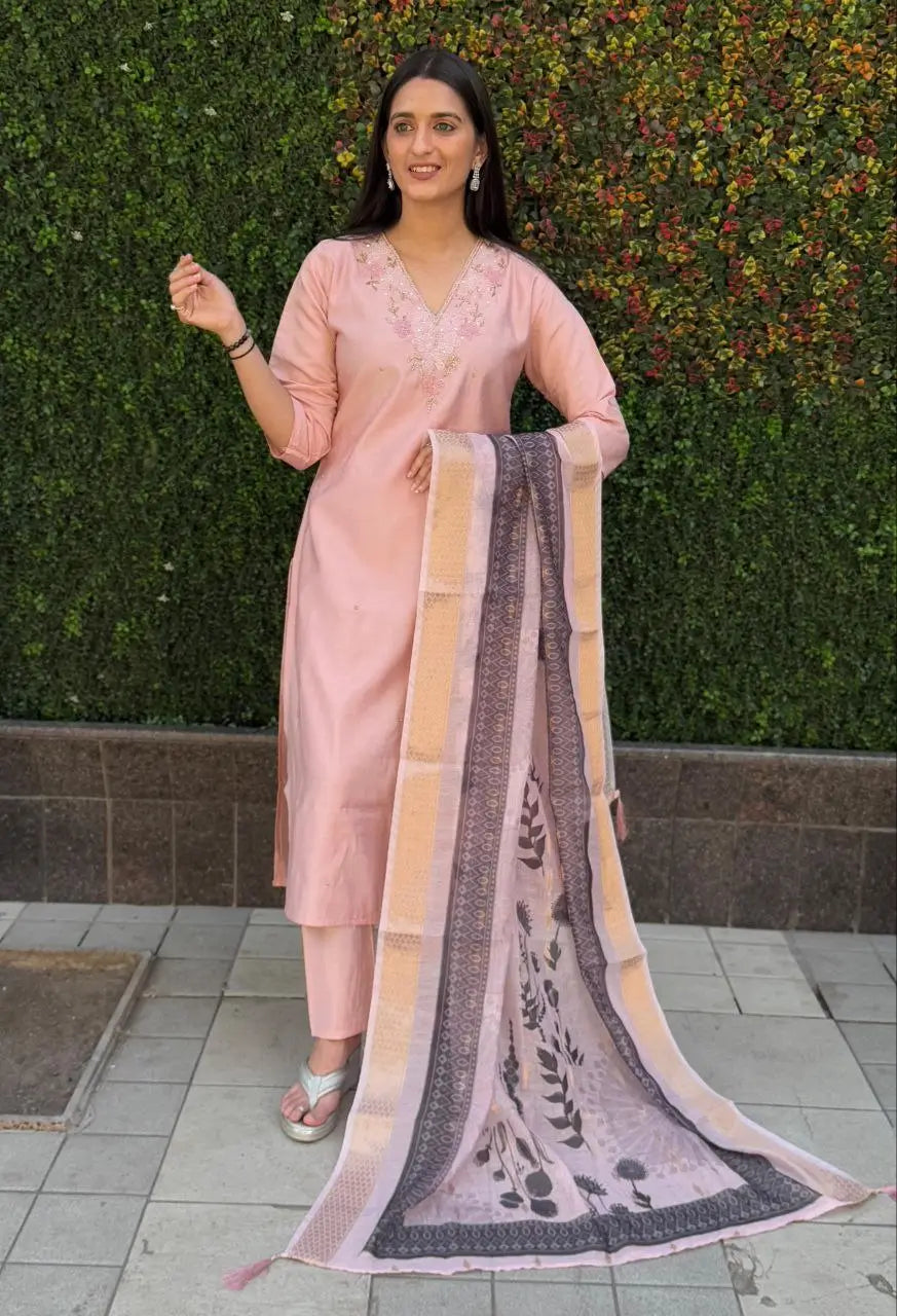 Premium Roman Silk Kurta Set with Jacquard Dupatta